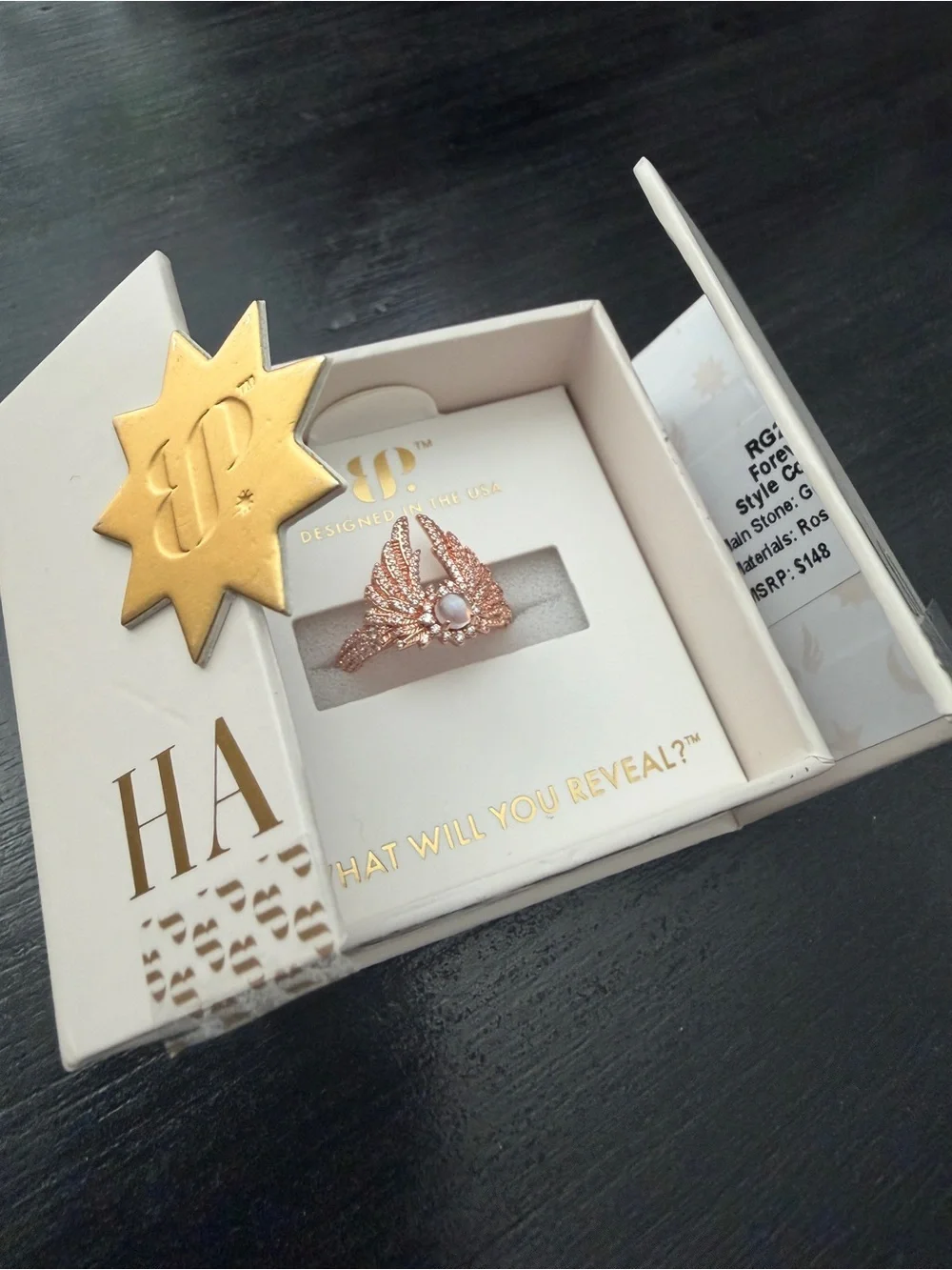 BP Halo collection Forever Lola Gold Winged Ring with genuine moonstone size 8
